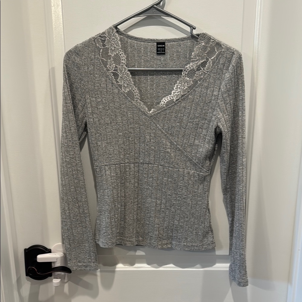 SHEIN Gray Ribbed Long Sleeve Blouse